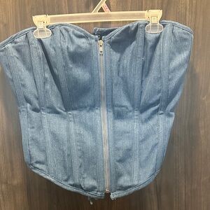 Forever 21 Blue Denim Strapless Corset Crop Top